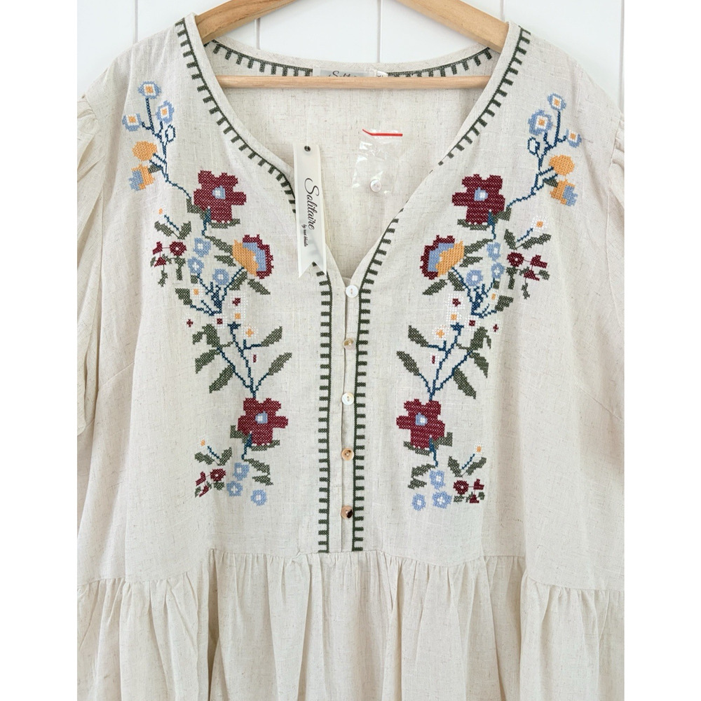 Solitaire Linen Blend Floral Embroidered Popover Peplum Blouse Puff Sleeve 2X - Picture 7 of 15